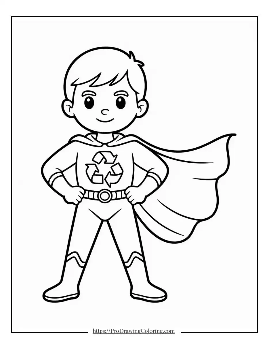 Earth Day coloring pages featuring a young recycling superhero protecting the planet