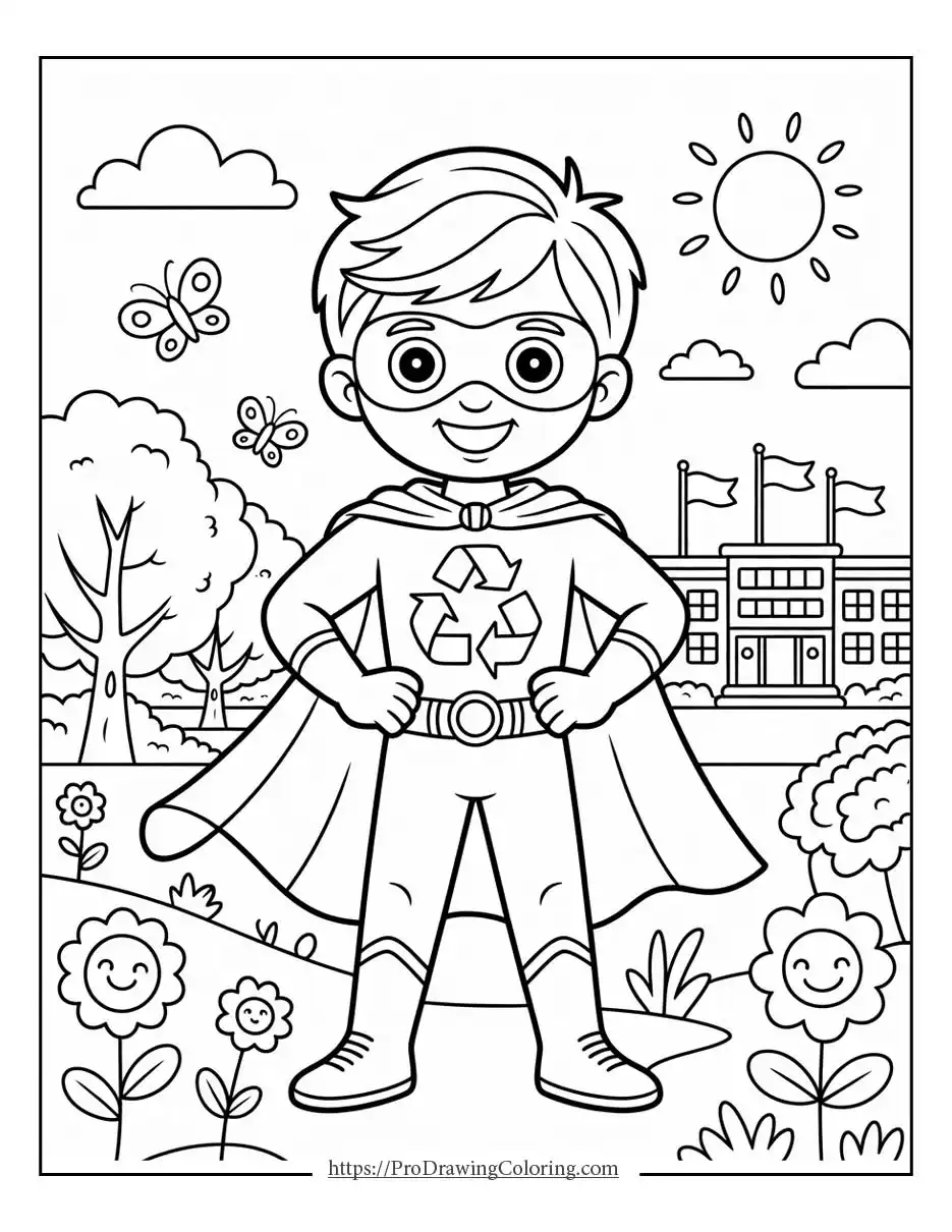 Earth Day coloring pages with a recycling superhero standing in nature