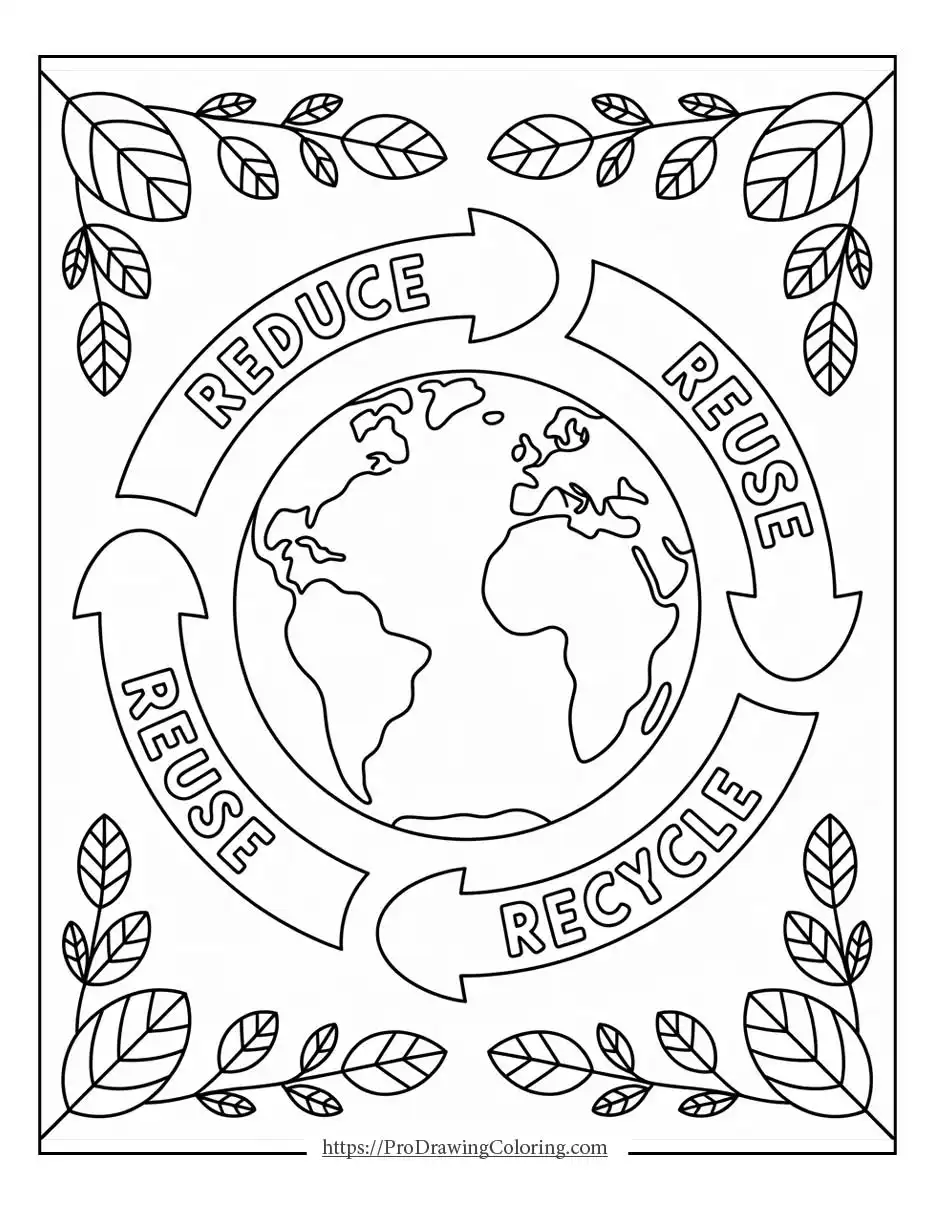 Earth Day coloring pages illustrating the reduce reuse recycle cycle around Earth