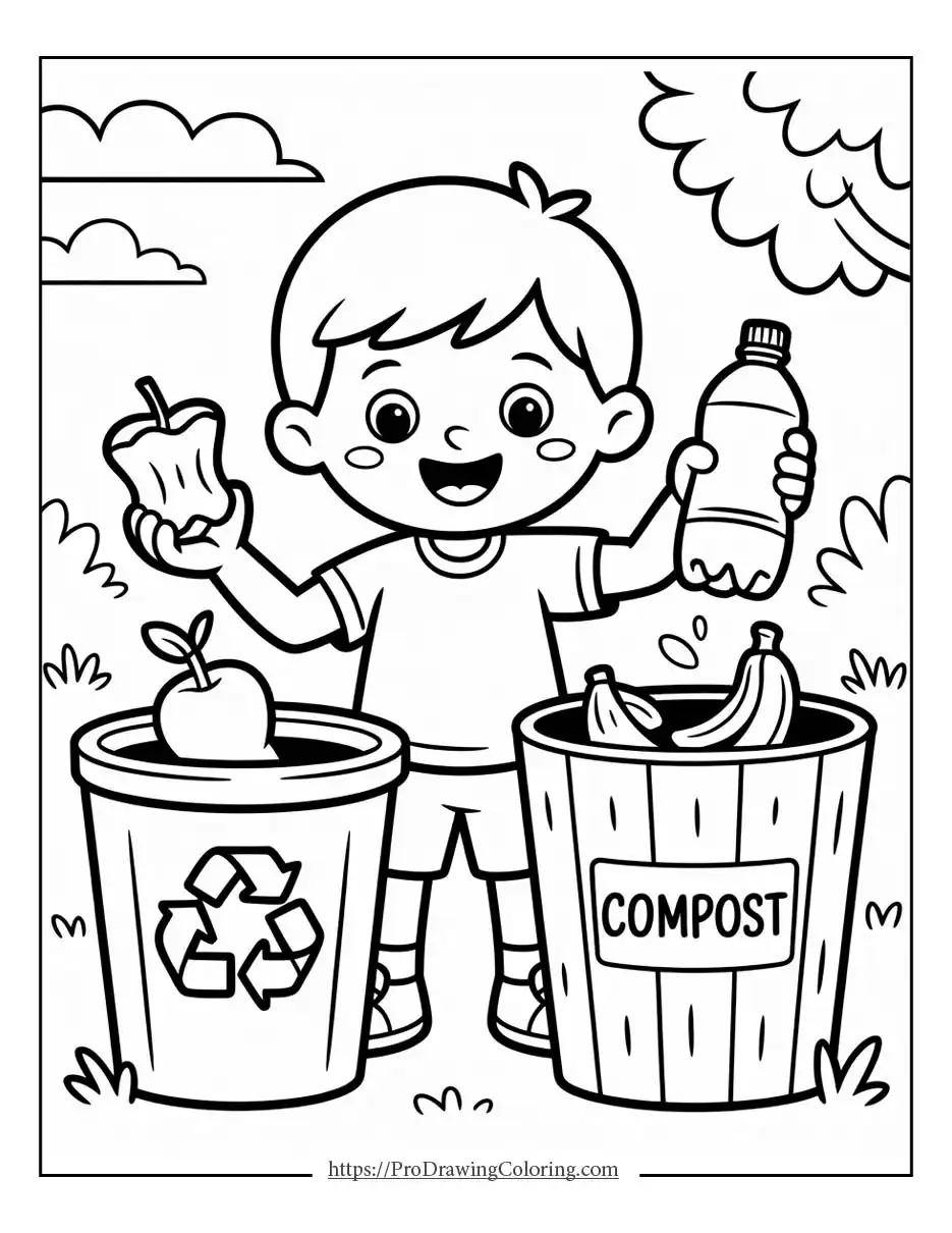Child sorting organic waste and recyclable items during an Earth Day activity