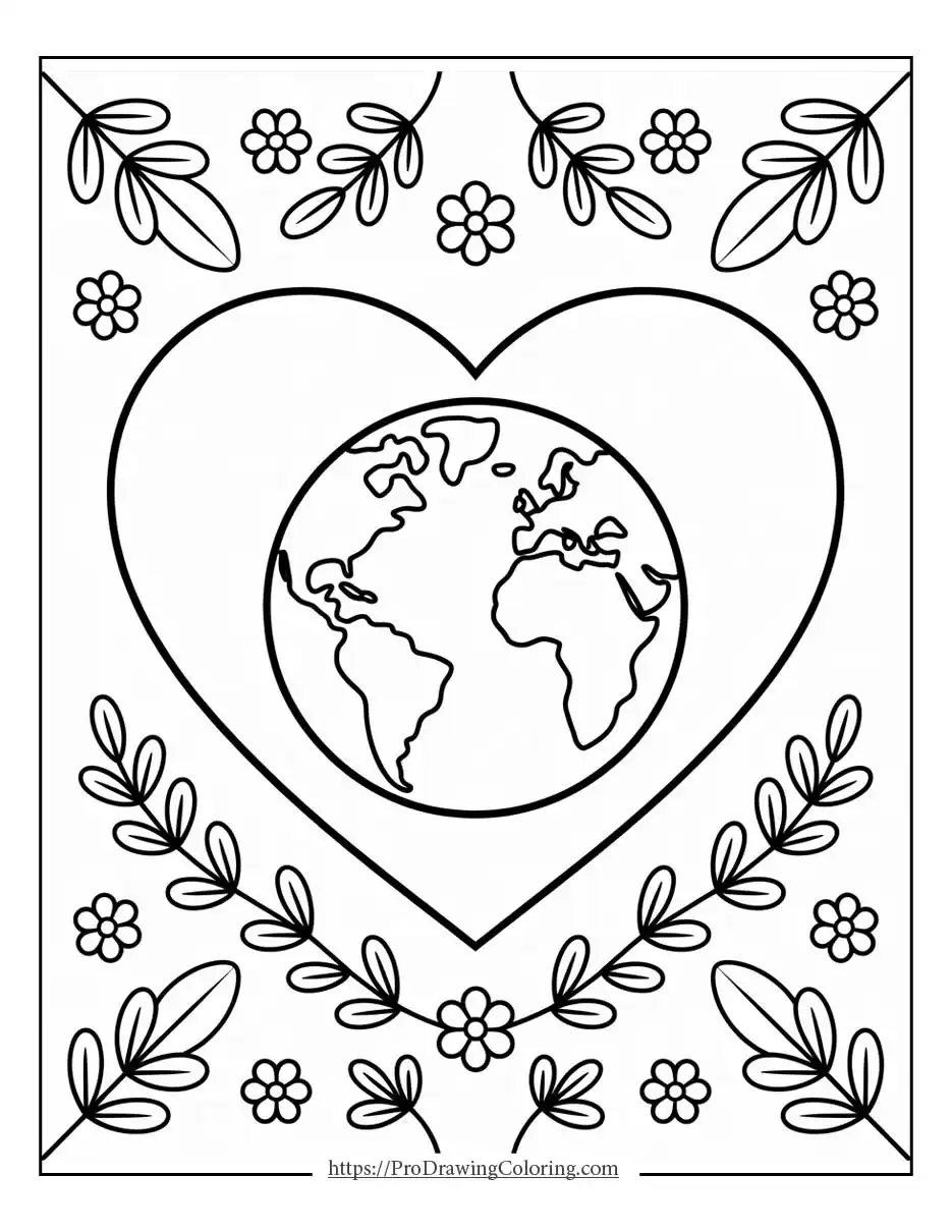 Planet Earth inside a heart shape decorated with leaves and flowers for Earth Day
