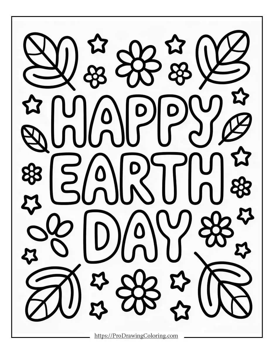 Happy Earth Day text surrounded by leaves, flowers, and stars