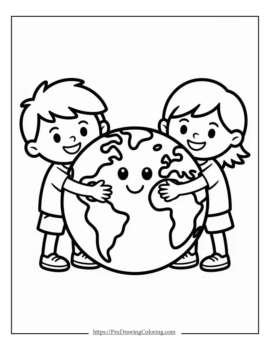 Two children hugging the planet Earth to show care and unity on Earth Day