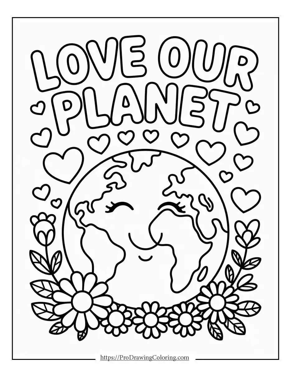 Smiling planet Earth surrounded by hearts and flowers for Earth Day