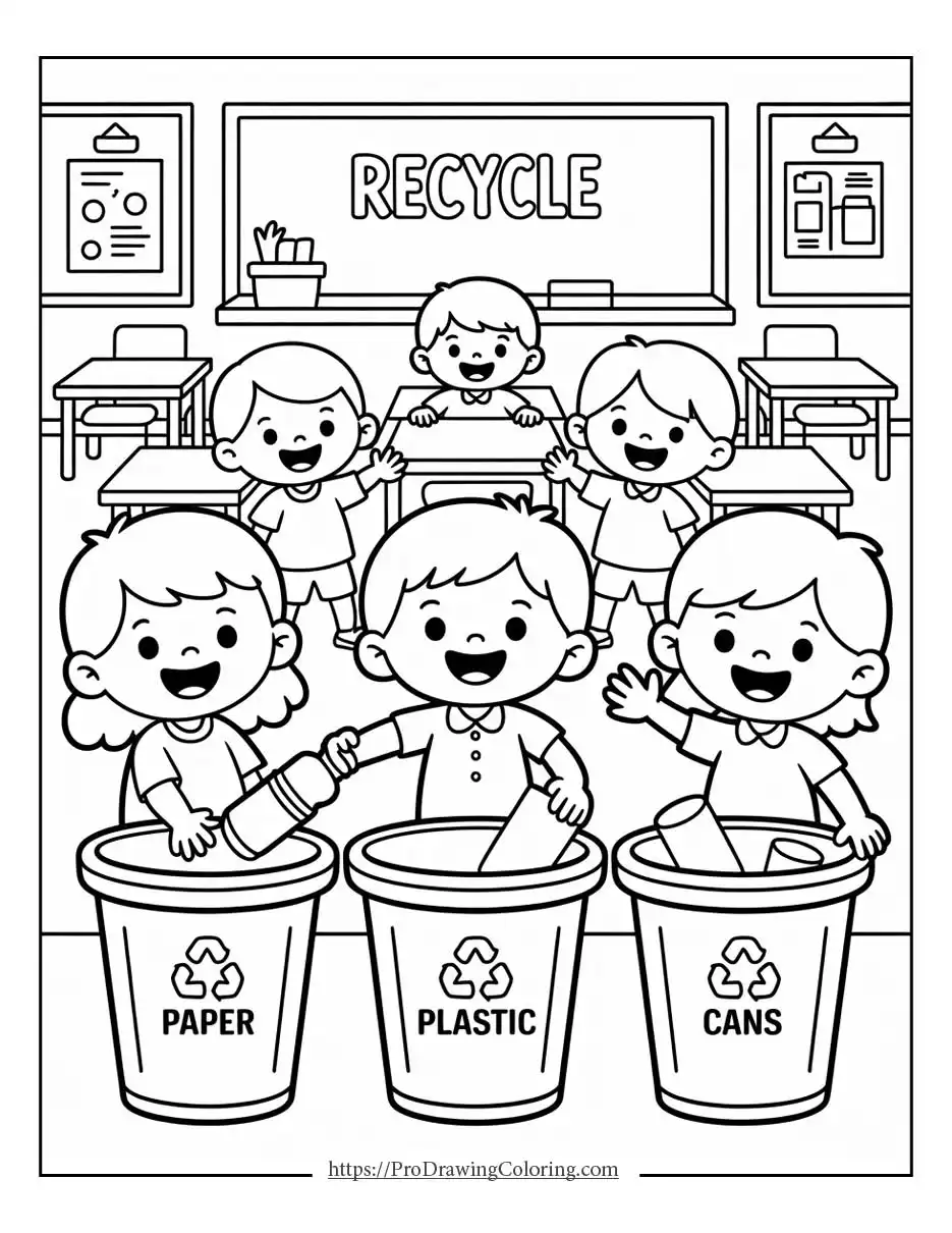 Happy kids learning how to recycle together in a classroom on Earth Day
