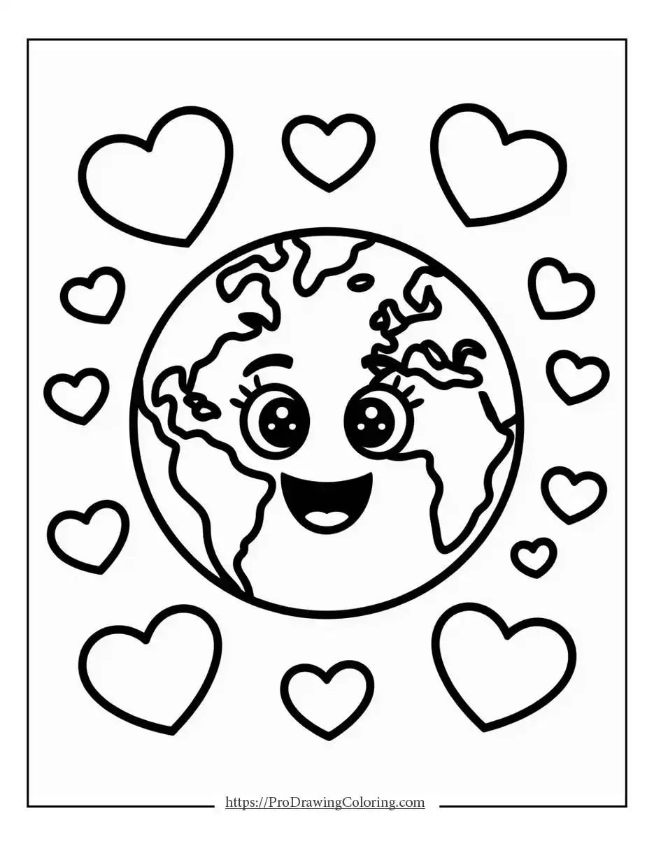 Cute smiling Earth surrounded by hearts celebrating Earth Day