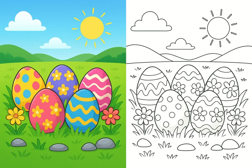Easter egg coloring pages featuring five decorated eggs in a spring meadow, with flowers, stones, grass, hills, sun, and clouds, shown in both vibrant color and matching black-and-white line art for kids to color.