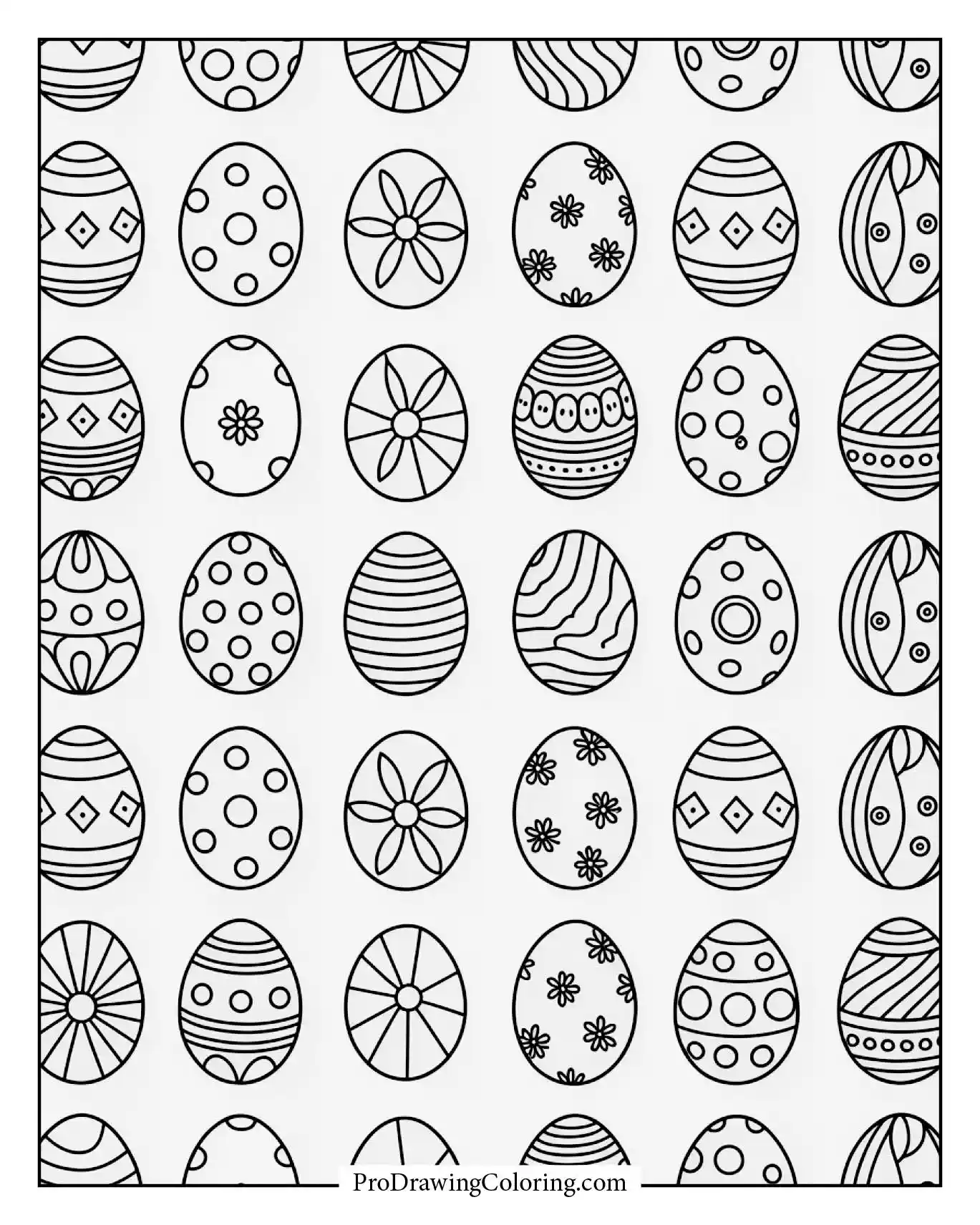 A seamless pattern of decorative Easter eggs arranged for coloring fun.