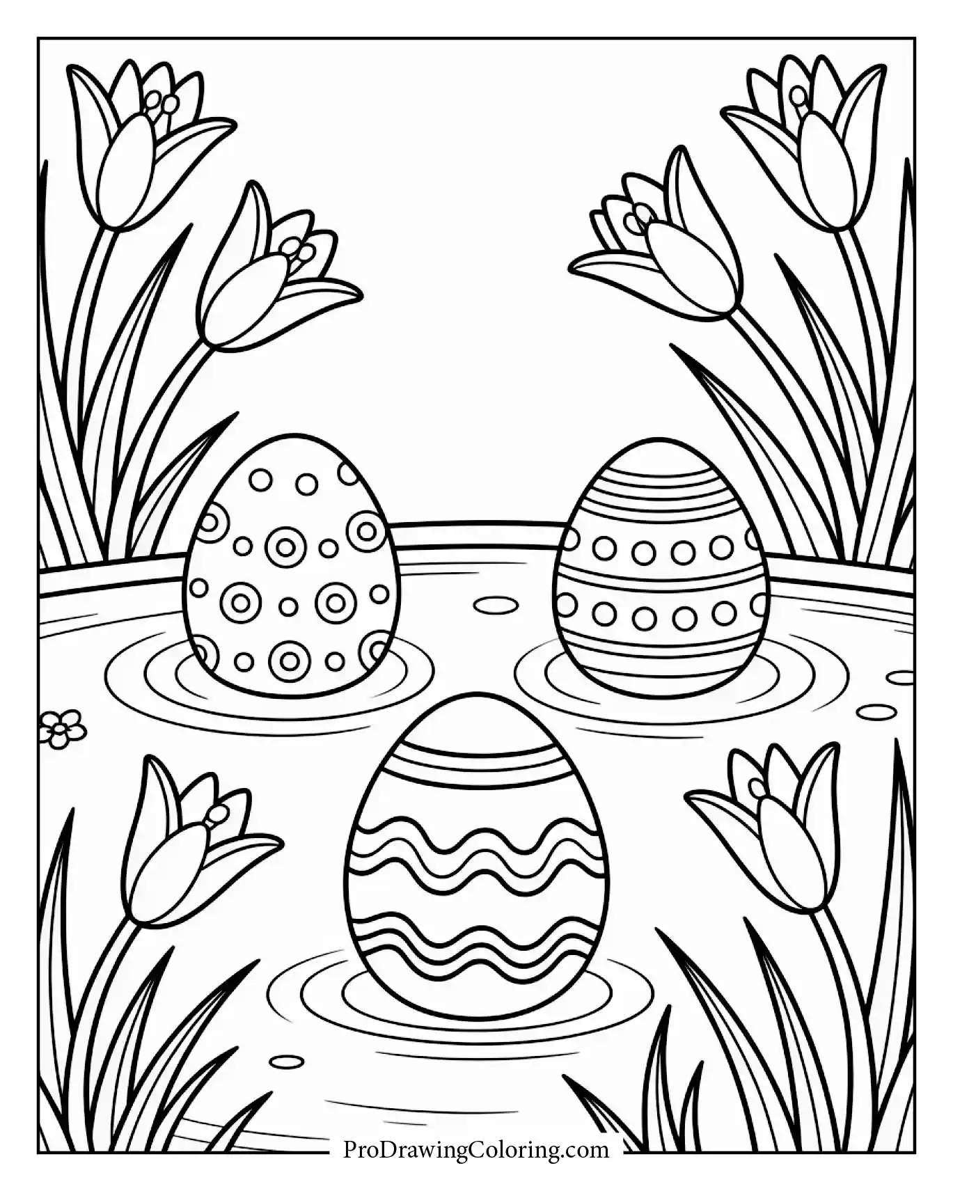 Easter eggs floating gently in a pond surrounded by water lilies.
