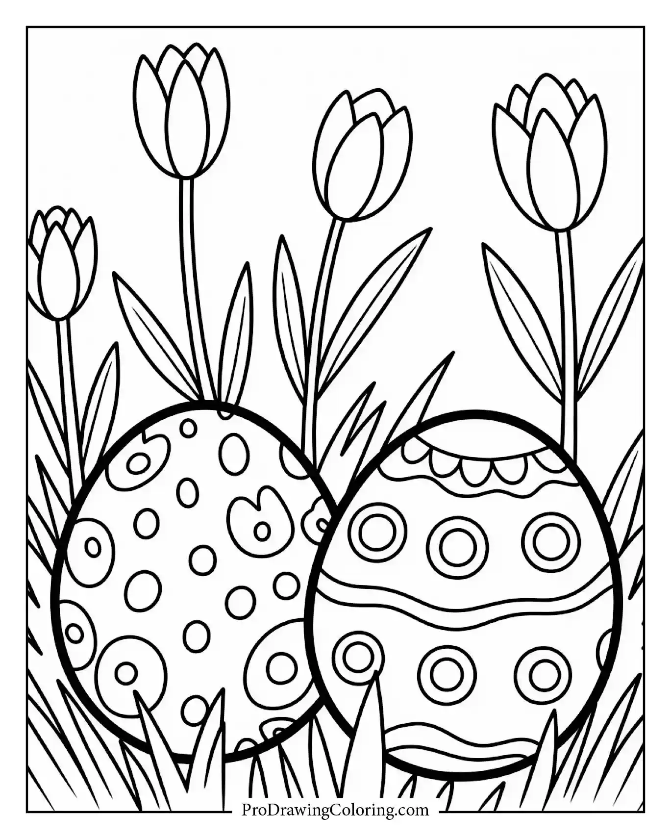 Decorated Easter eggs lying on fresh grass among blooming flowers.
