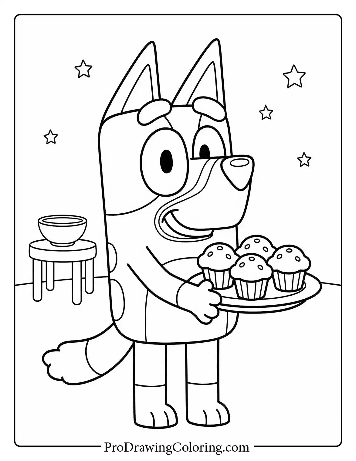 Printable sheet featuring a proud Bluey holding a tray of freshly baked delicious muffins.