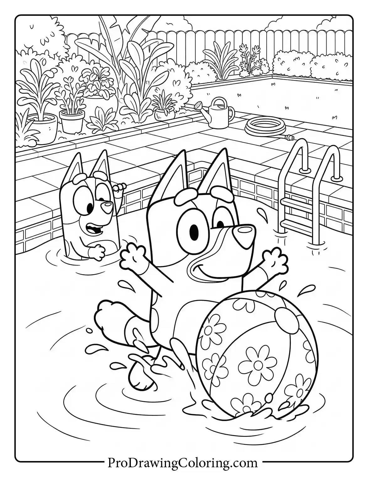 Bluey and Bingo coloring page where they are having fun with a large beach ball in the pool.