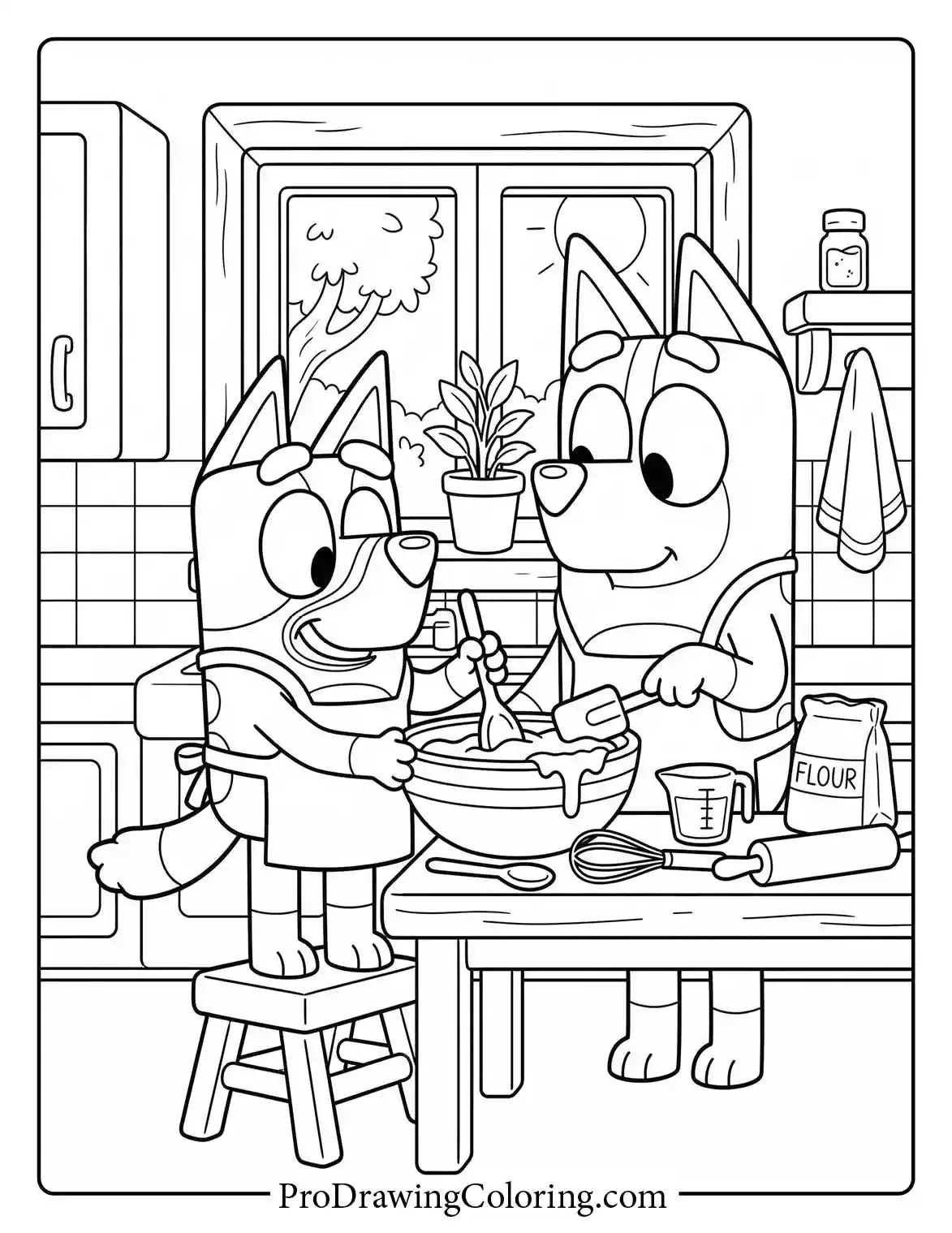 Easy drawing of Mom Chilli and little girl Bluey wearing aprons to bake a cake.