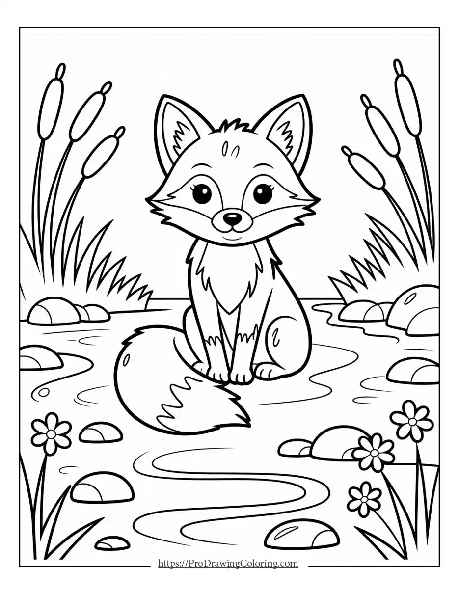 Easy cute fox coloring page by the pond, free printable fox coloring for kids