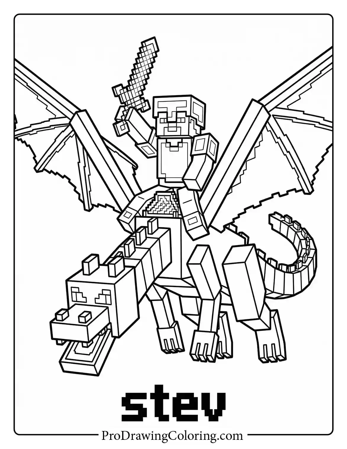 An easy ender dragon minecraft sheet depicting Steve triumphantly holding a sword while riding the defeated dragon with bold text.