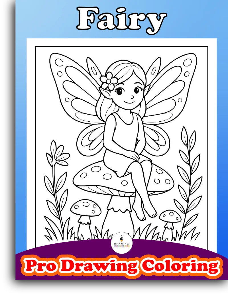 A happy little fairy sitting on a mushroom, easy cartoon fantasy coloring page for kids and girls.