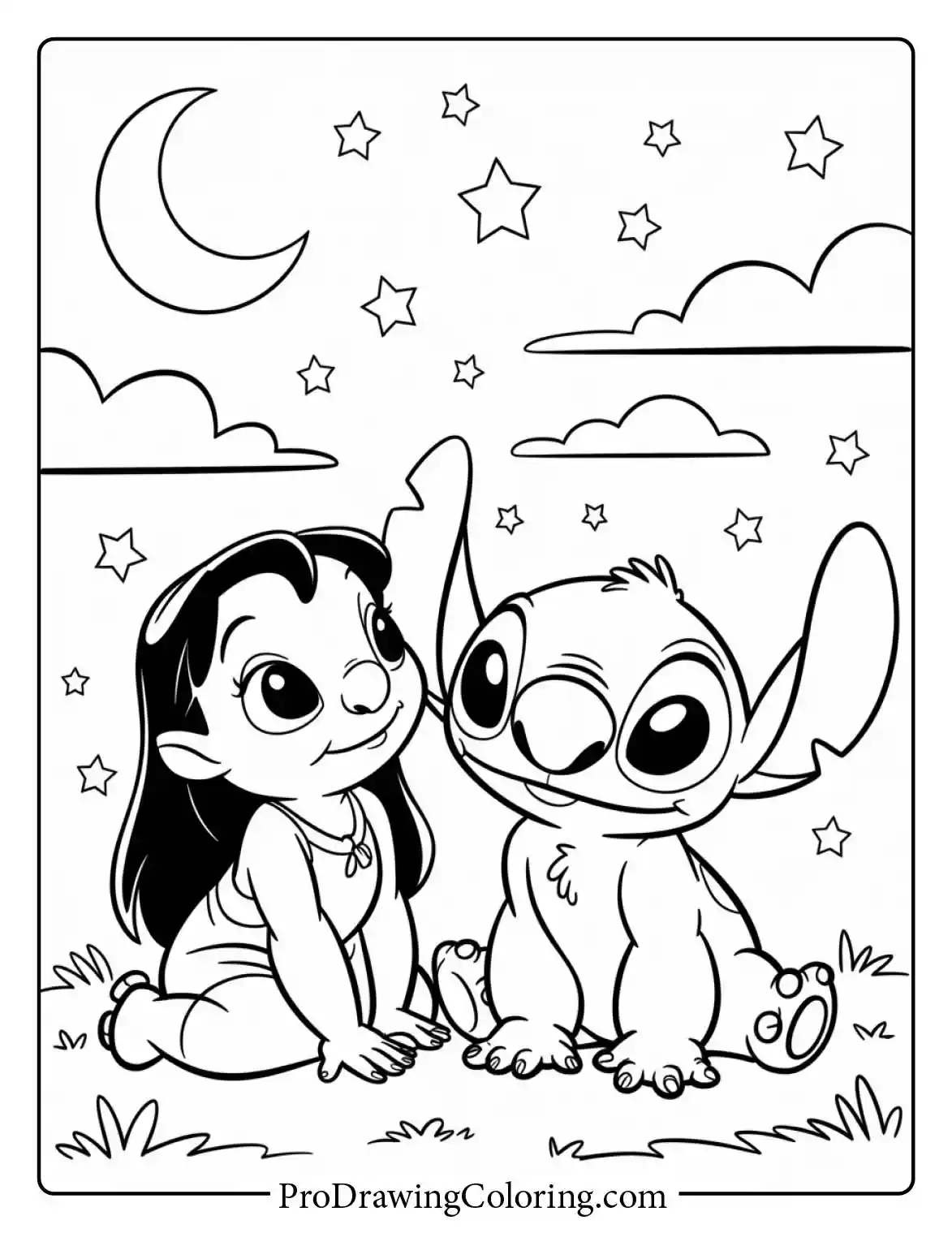Beautiful easy drawing of Lilo and Stitch looking at the stars.