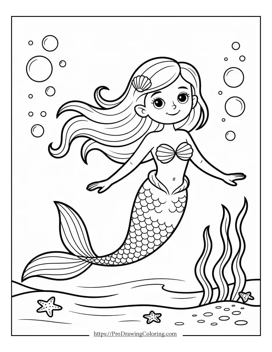 Easy mermaid floating underwater with bubbles, designed for kids coloring