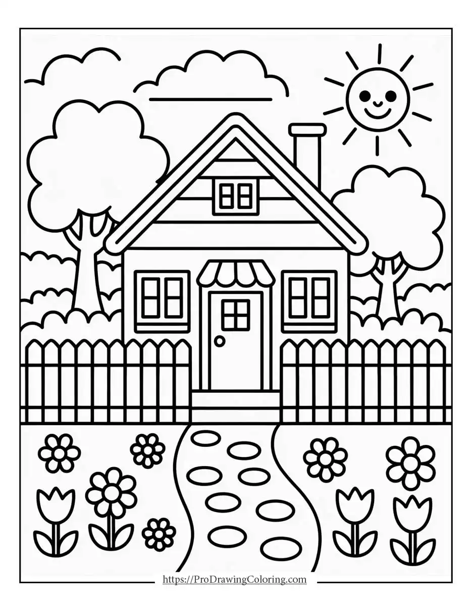Simple spring illustration with bold lines, flowers, and clouds created for easy spring coloring pages