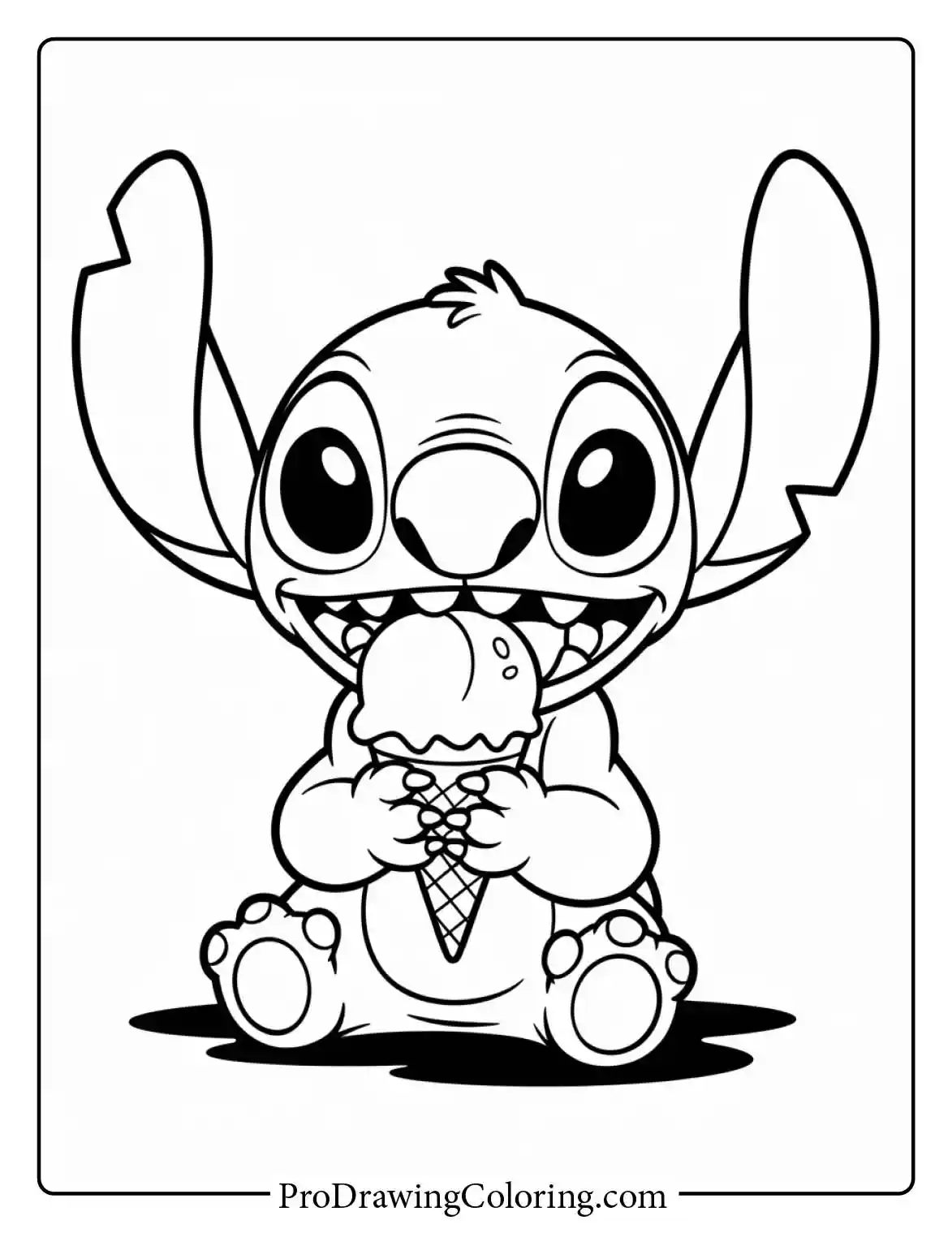 Try these easy stitch coloring pages featuring a happy character eating a huge ice cream.