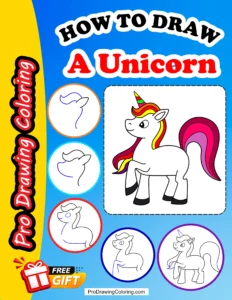 Unicorn workbook pages showcasing an easy unicorn drawing technique developed by Pro Drawing Coloring experts.