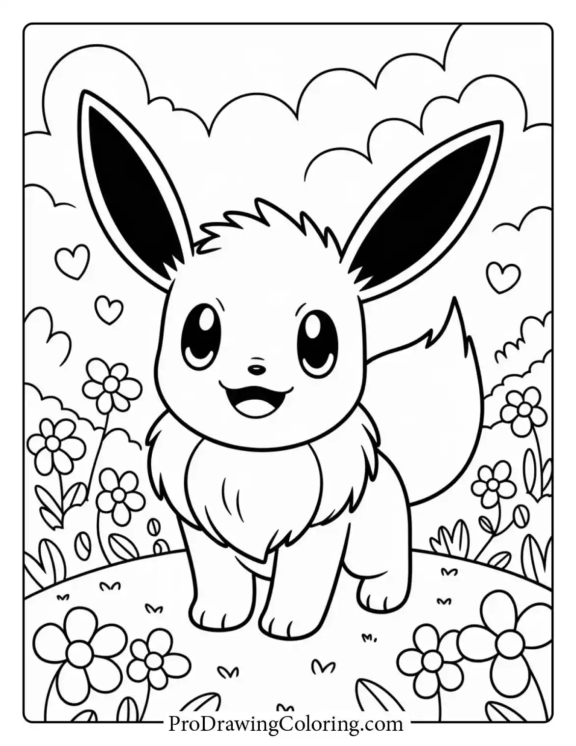 Coloring sheet of a cute Eevee sitting happily in a beautiful meadow filled with blooming spring flowers, smiling warmly under a cloudy sky.