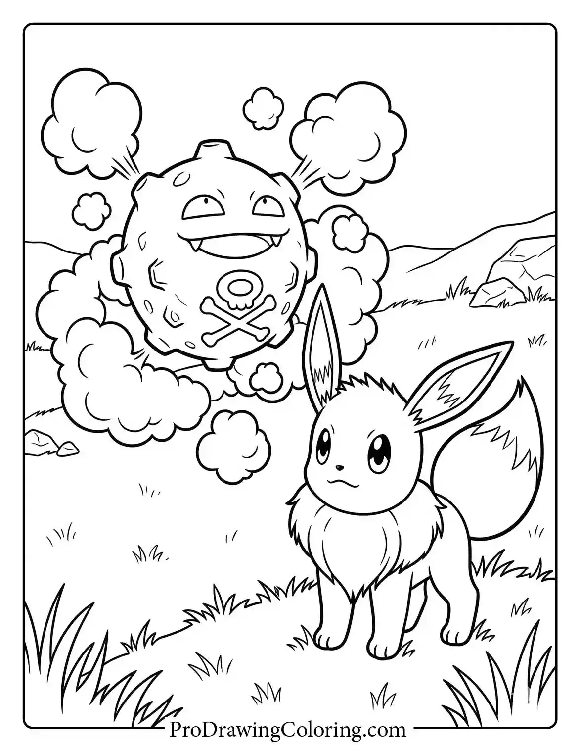 Printable Pokemon coloring page featuring Eevee looking up cautiously at a floating Koffing releasing toxic smoke clouds in a rocky and barren outdoor environment.