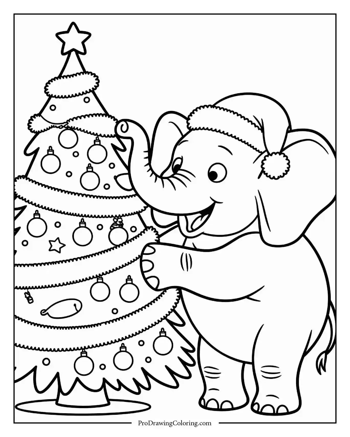 elephant christmas tree decorating Happy elephant adding ornaments to Christmas tree