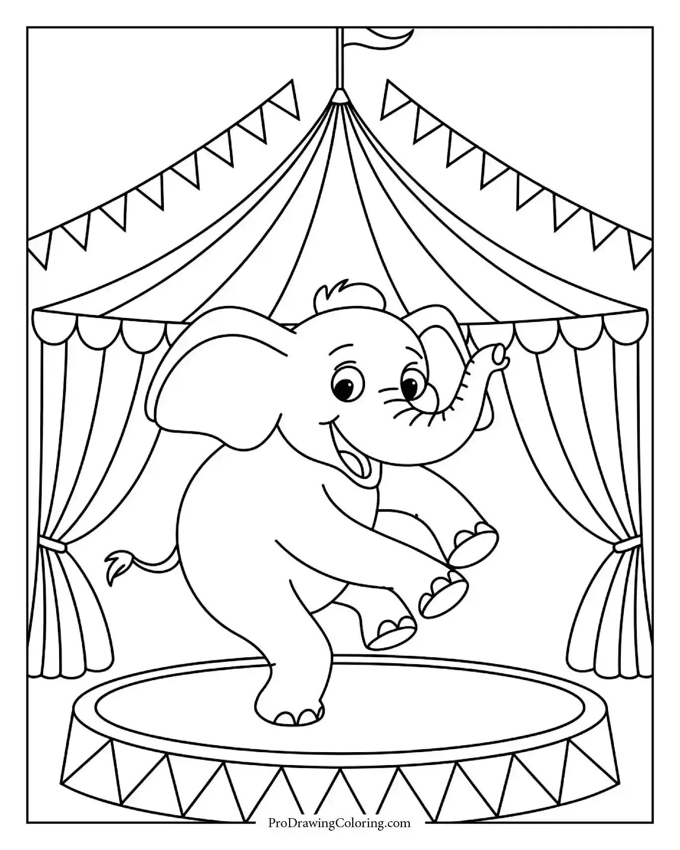 elephant coloring page circus performance printable Funny elephant performing tricks under circus tent, fun printable sheet for kids