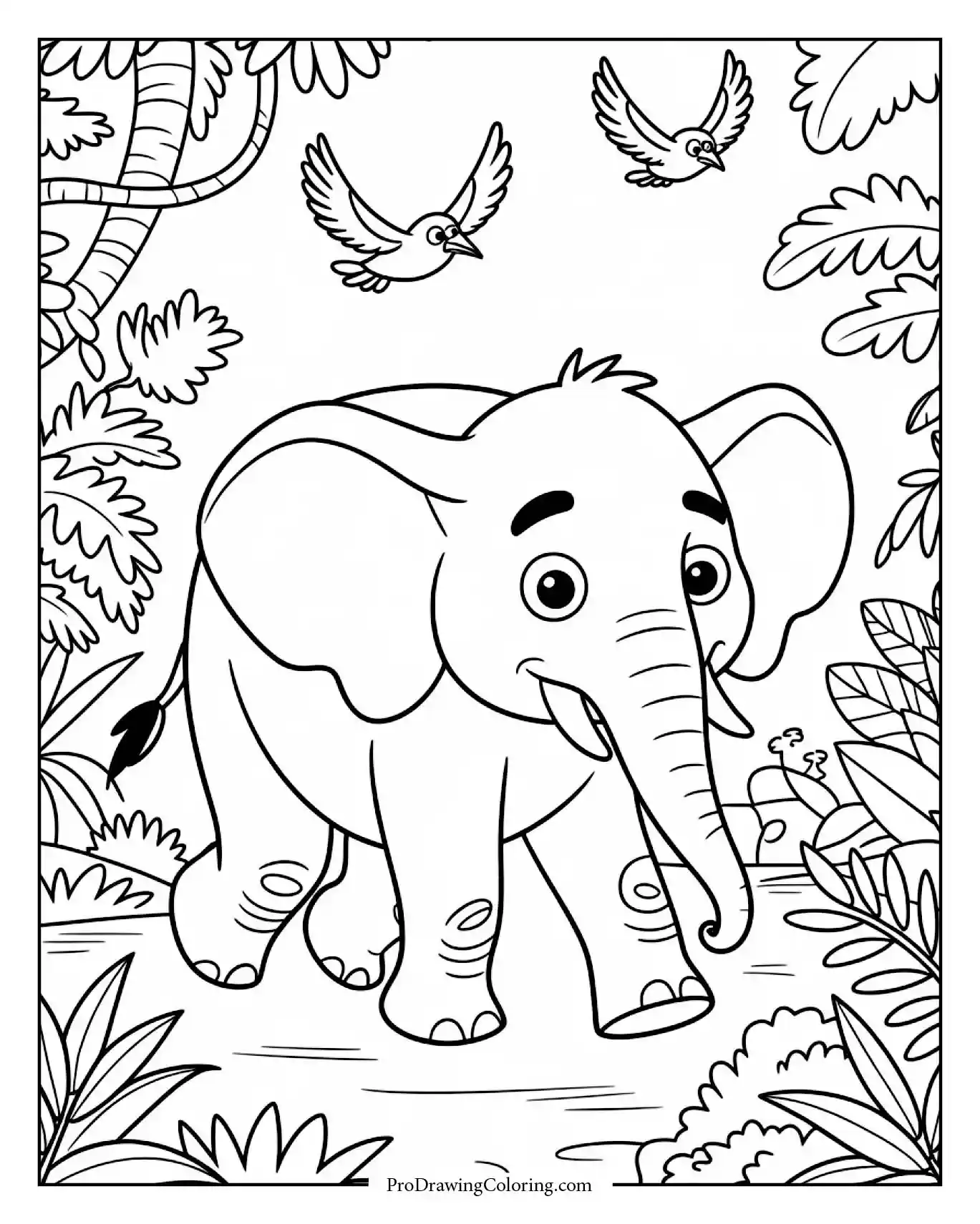 elephant coloring page jungle birds Cartoon elephant walking through a lush jungle with tropical birds, printable coloring sheet