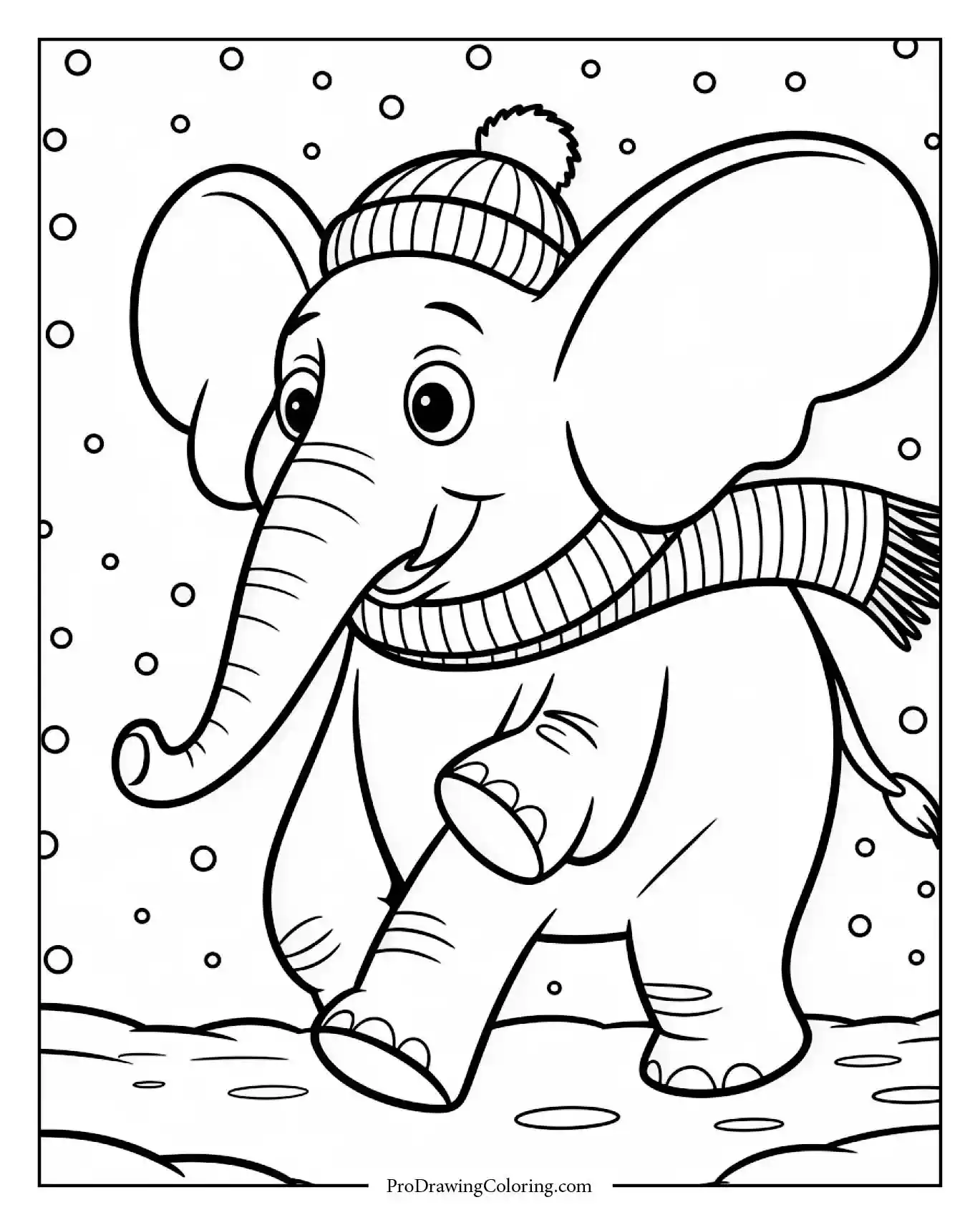 elephant coloring page snow scarf printable Cute elephant walking in snow with scarf, printable coloring page for kids