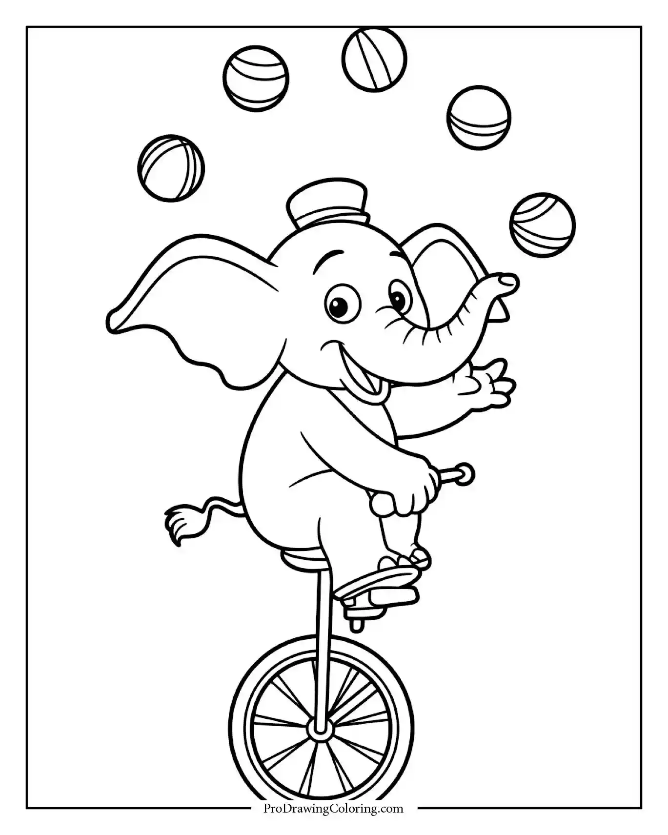 elephant coloring page unicycle juggling free Happy elephant riding unicycle and juggling balls, free coloring page