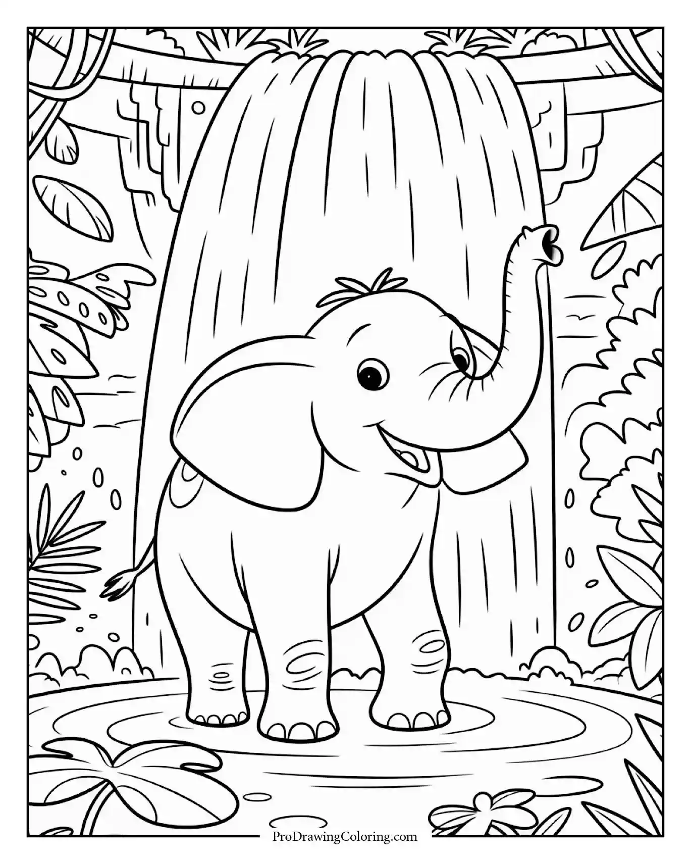 elephant coloring page waterfall jungle free Elephant playing under waterfall surrounded by trees, free printable coloring page