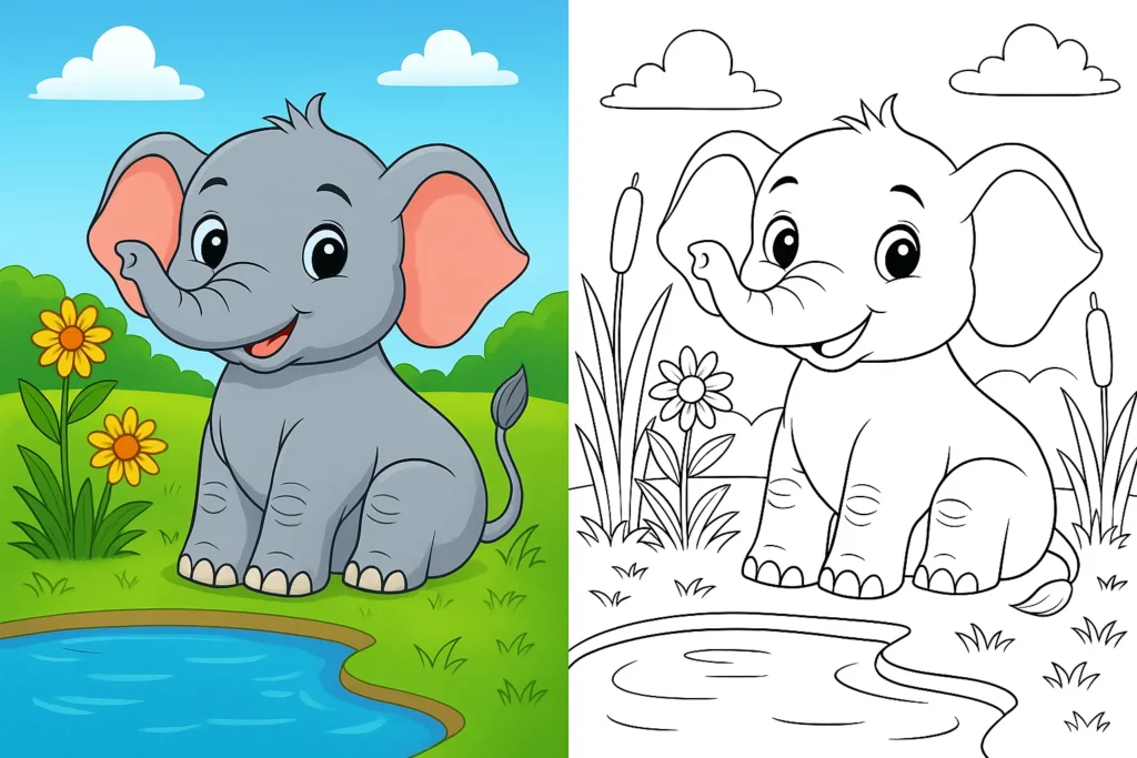 elephant coloring pages – cute cartoon elephant sitting beside a small lake with flowers and green grass; left side fully colored outdoor scene, right side identical black-and-white elephant coloring page for kids