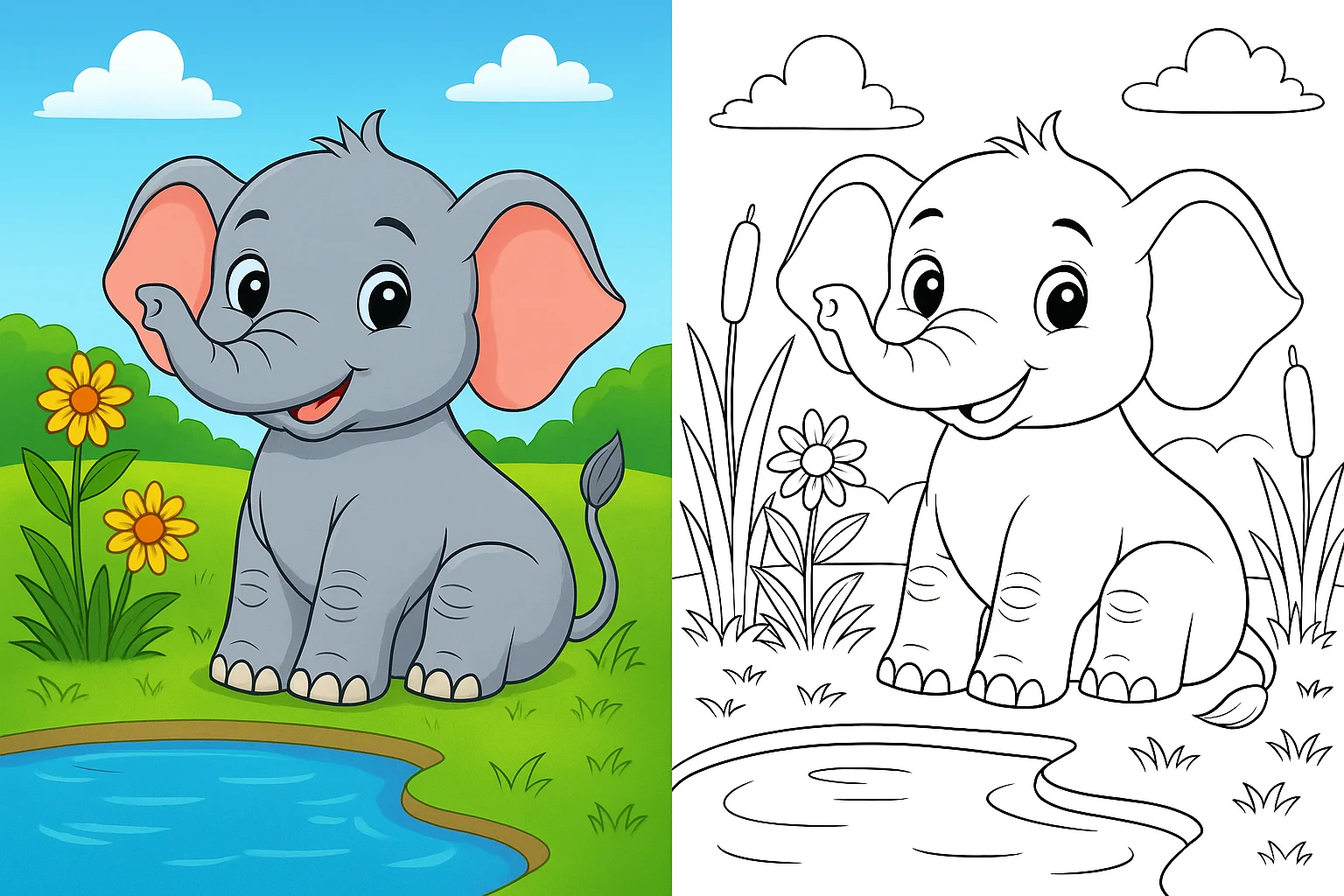 elephant coloring pages – cute cartoon elephant sitting beside a small lake with flowers and green grass; left side fully colored outdoor scene, right side identical black-and-white elephant coloring page for kids