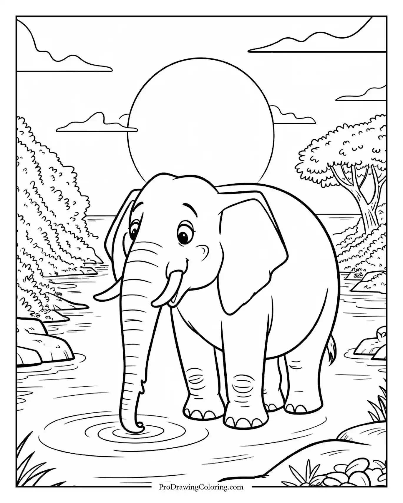 elephant river sunset Peaceful elephant drinking at river surrounded by orange sky