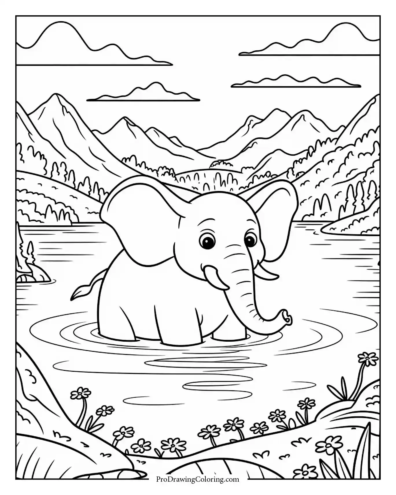 elephant swimming lake mountains Elephant enjoying cool water surrounded by mountain view