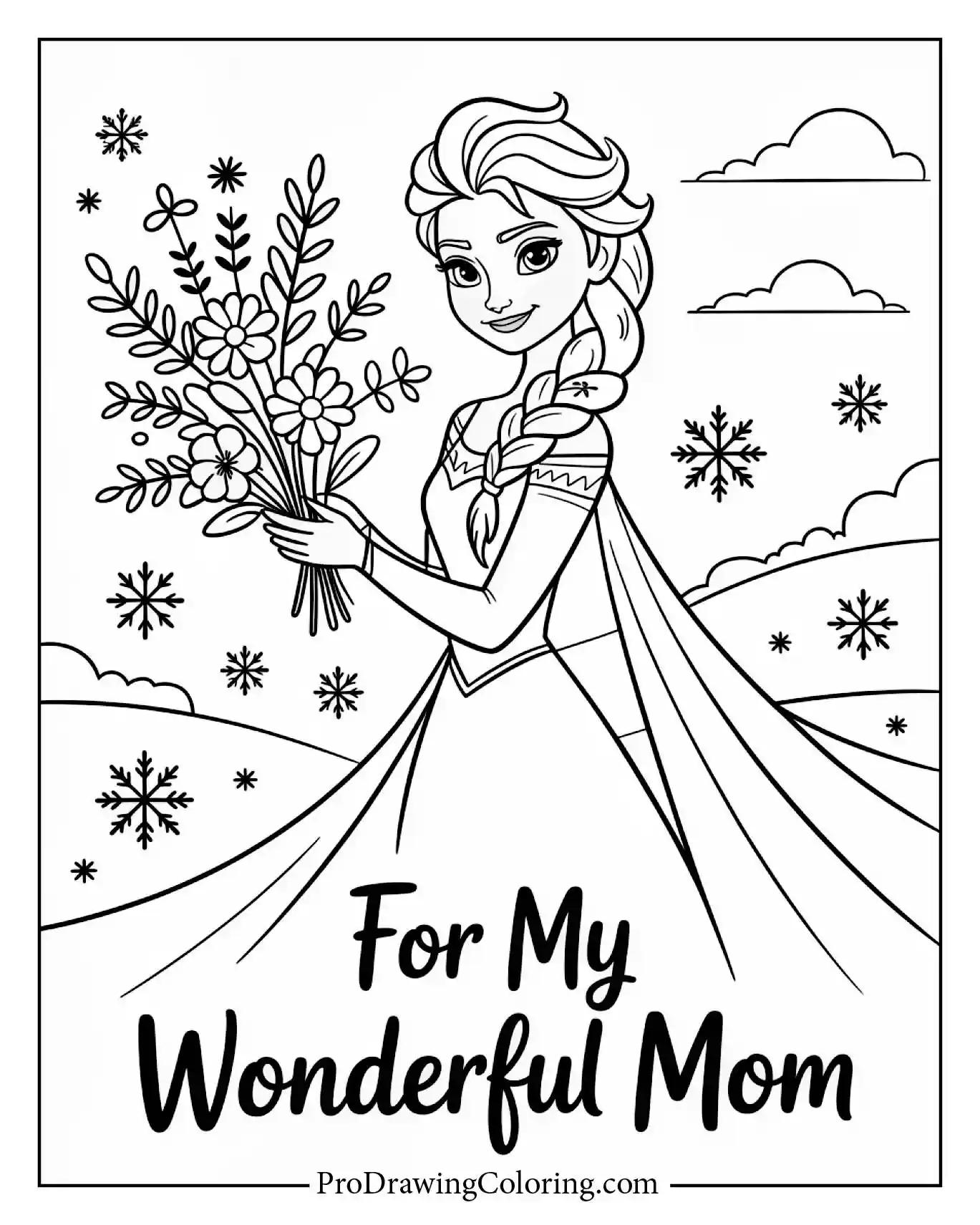 Princess Elsa smiling and holding a big bouquet of beautiful flowers. A cute mothers day coloring sheet for kids who love winter magic.