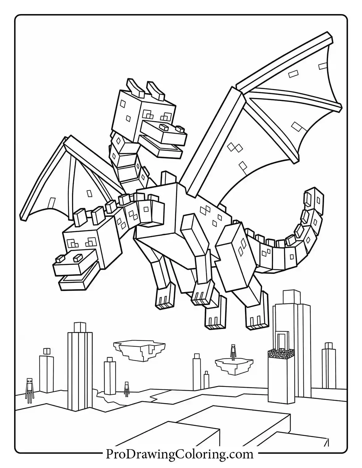 Ender dragon minecraft coloring pages showing the powerful beast flying through the air above the mysterious floating islands of the End.