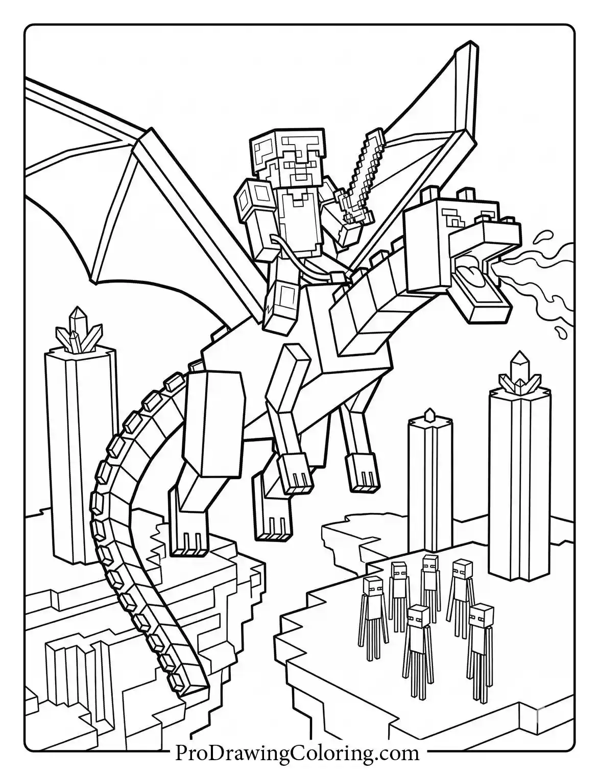 Very detailed minecraft ender dragon sheets specifically featuring Steve proudly riding the massive dragon above tall obsidian pillars and Endermen.