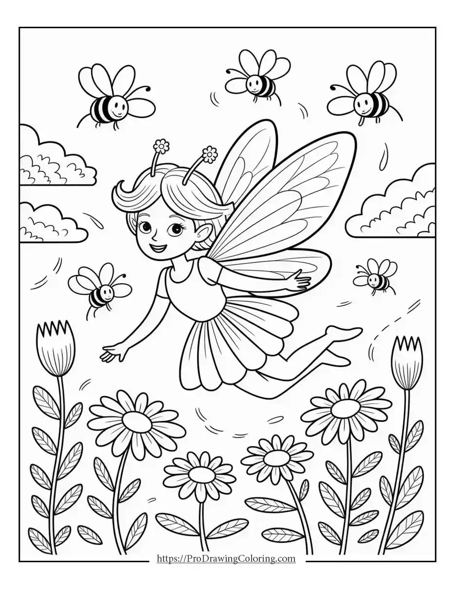 fairy above garden printable Fairy flying above flower garden with bees