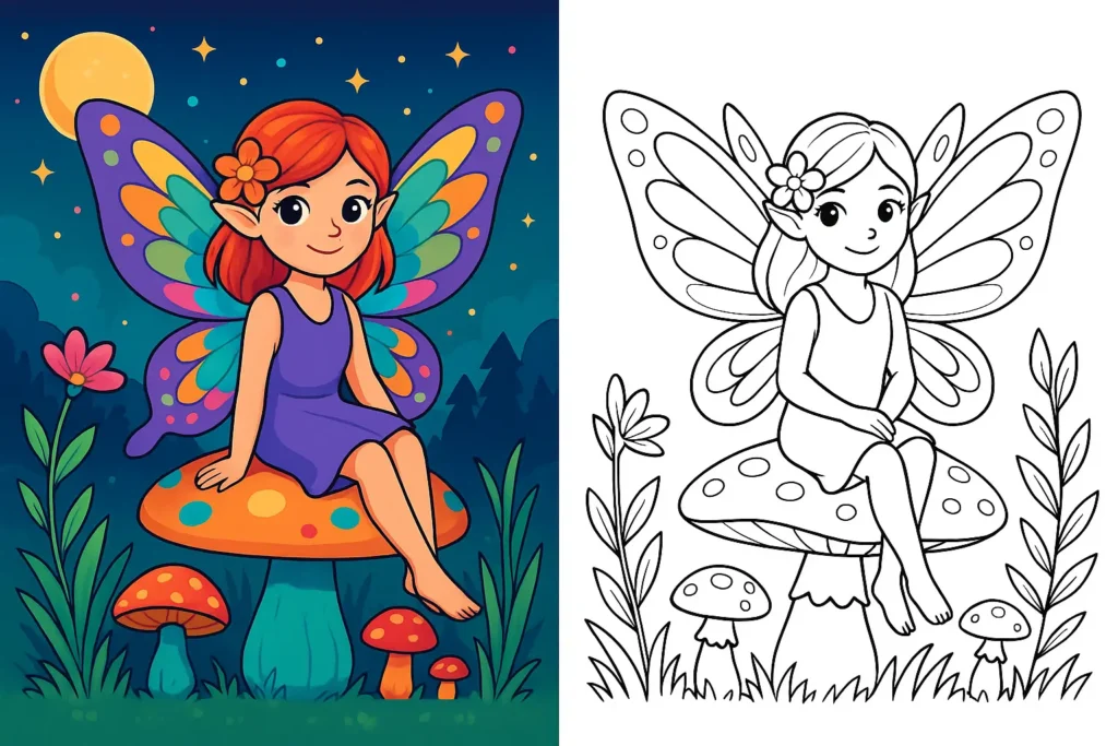 Fairy coloring pages – a magical fairy with colorful wings sits on a mushroom under a starry sky, surrounded by plants and flowers; the left half is a vibrant version and the right half is a black-and-white fairy coloring page for kids to print and color.