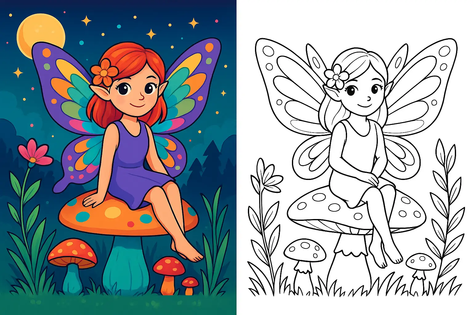 Cute fairy coloring page – a magical fairy with colorful wings sits on a mushroom under a starry sky, surrounded by plants and flowers; the left half is a vibrant version and the right half is a black-and-white fairy coloring page for kids to print and color.