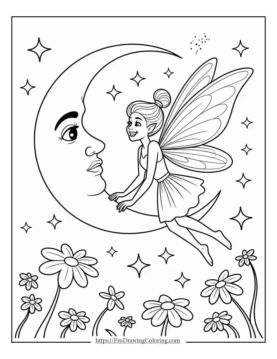 fairy full moon to print Elegant fairy coloring page showing fairy flying around full moon with sparkles