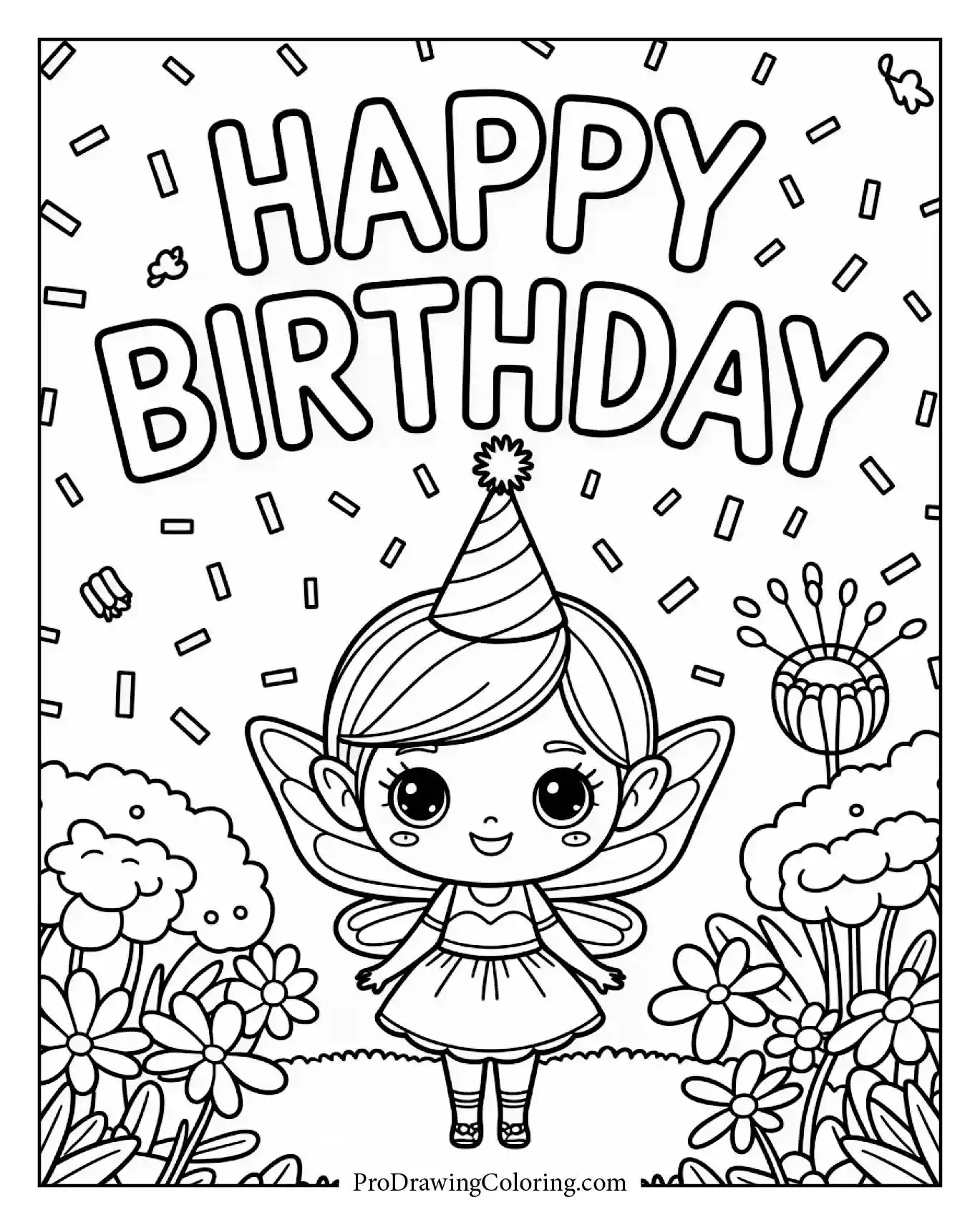 A joyful fairy garden scene in Confetti Font, relaxing Happy Birthday Coloring Page with cake and gifts.