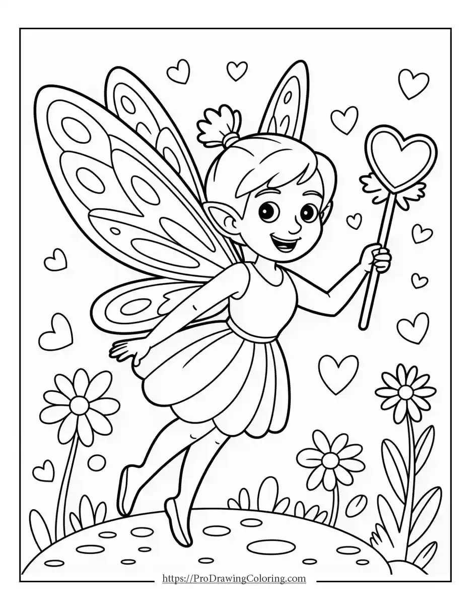 fairy heart wand for kids Fairy printable for kids showing large fairy holding heart-shaped wand