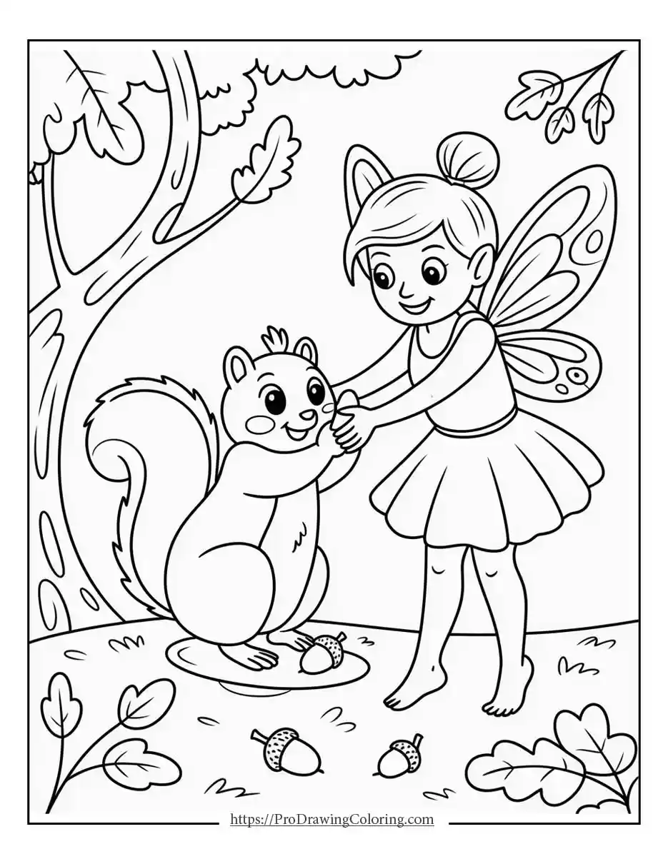 fairy helping squirrel to print Fairy helping squirrel gather acorns