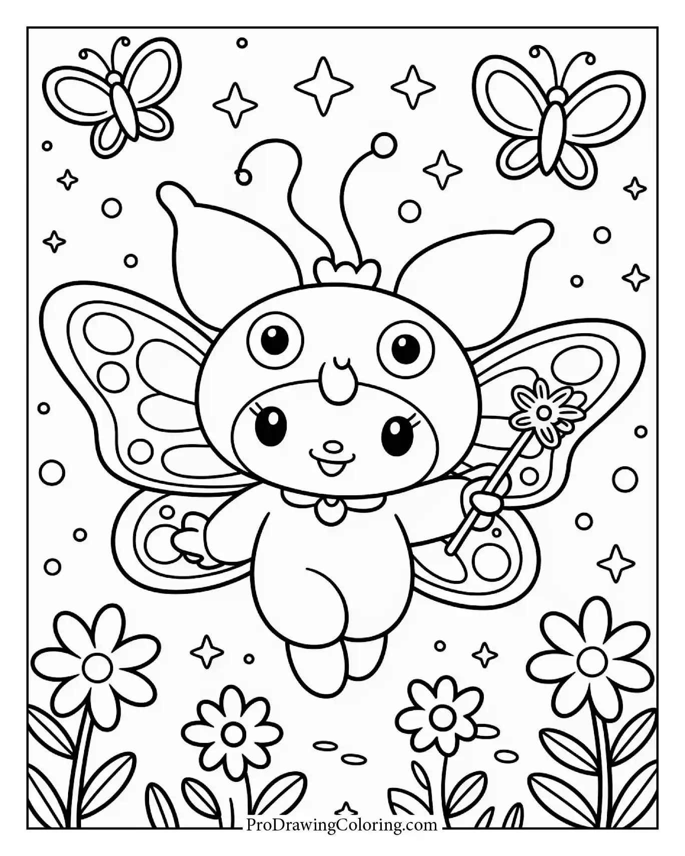 Fantasy fairy Kuromi with wings and wand, ethereal aesthetic, butterfly wings.