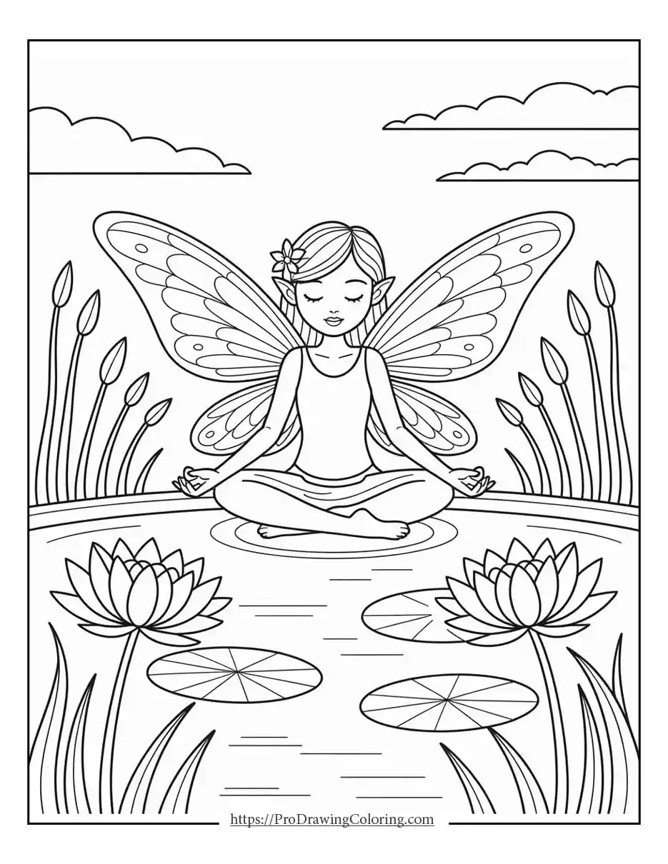 fairy meditating lotus coloring page Calming fairy coloring page showing fairy meditating above lotus pond