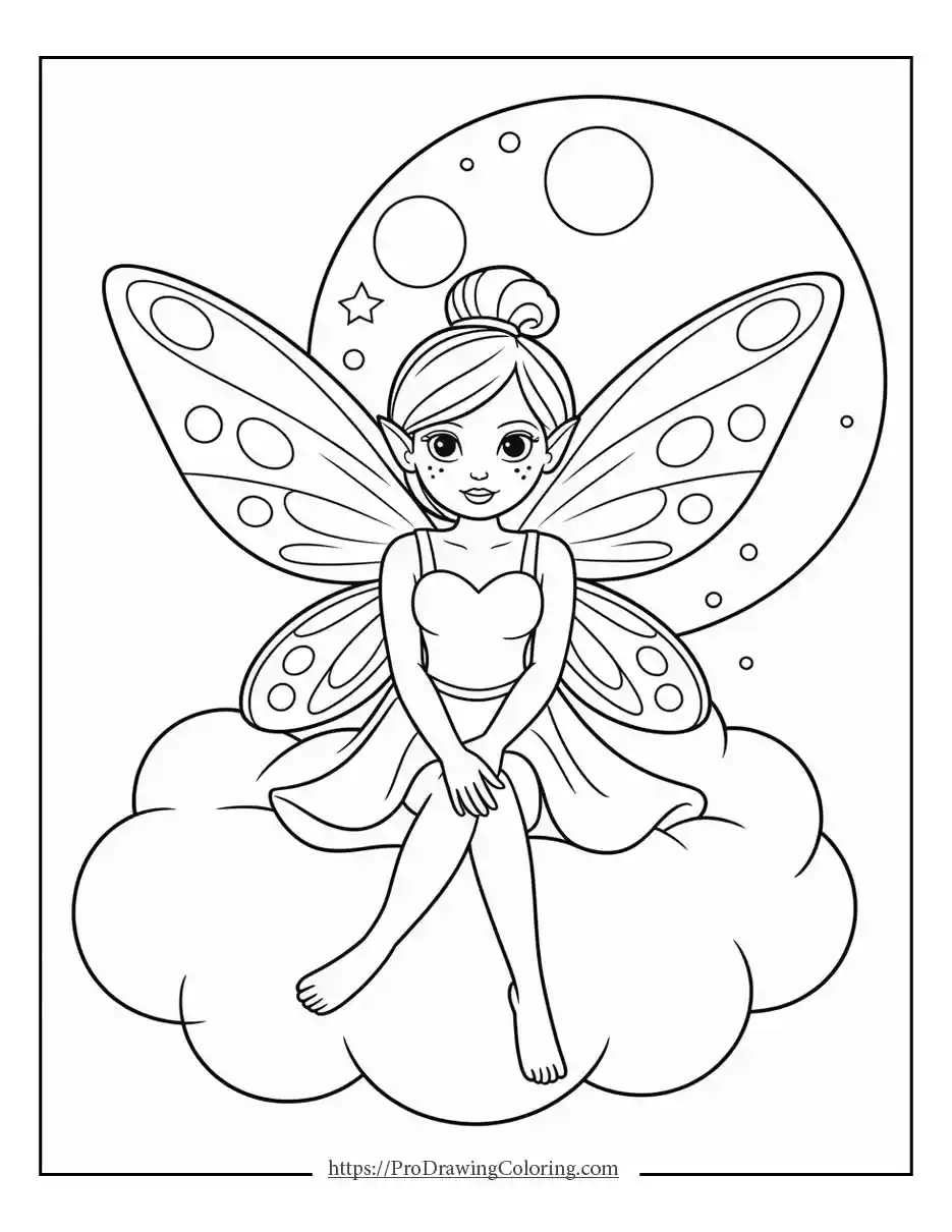 fairy on cloud for kids Fairy sitting on cloud smiling at moon